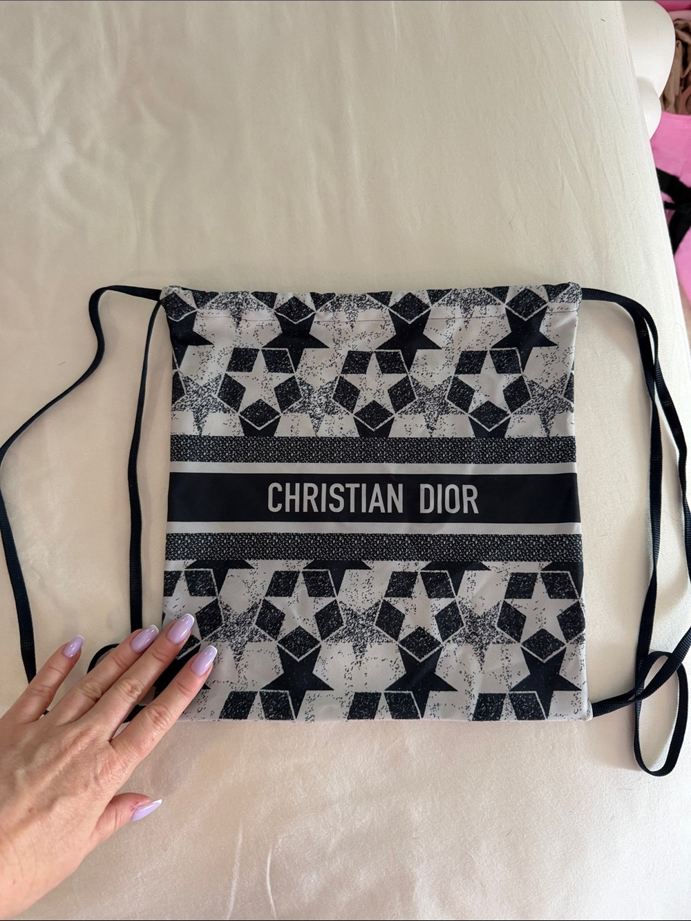 Dior Black and White Drawstring Belt Bag with Star Motif